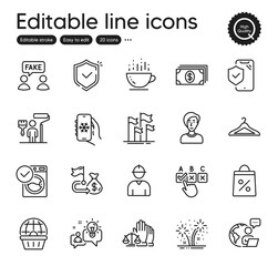 Set of Business outline icons. Contains icons as Correct checkbox, Phone insurance and Financial goal elements. Air conditioning, Painter, Engineer web signs. Court jury, Idea. Vector