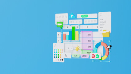 Spreadsheets graphs charts table data business financial report analysis screen software accounting management marketing document growth diagram planning calculate budget statistics. 3d rendering.