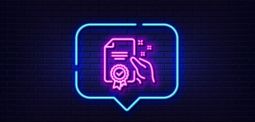 Neon light speech bubble. Certificate line icon. High quality or Guarantee sign. Verified document symbol. Neon light background. Certificate glow line. Brick wall banner. Vector