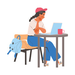 Female Student Character at Desk with Laptop Learning Vector Illustration