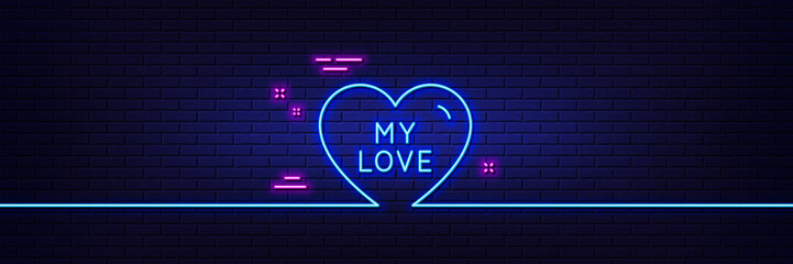 Neon light glow effect. My love line icon. Sweet heart sign. Valentine day symbol. 3d line neon glow icon. Brick wall banner. My love outline. Vector