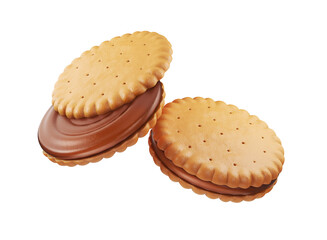 Sandwich chocolate cookies with chocolate fill, 3d illustration for biscuit package design.