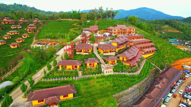 Aerial view above the &ldquo;Ban Rak Thai&rdquo;, A Chinese Village In Thailand, Beautiful Tranquil Village in Mae Hong Son, Northern Thailand. Southeast asia. tourism and travel concept. Drone. 4K
