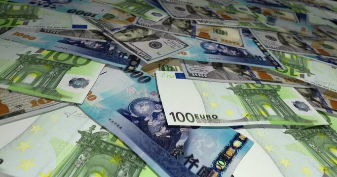 Taiwan Dollar Euro banknote surface. Flying over USD EUR and TWD money note. 3D concept of exchange, inflation, economy, finance, import, export, exchange rate, crisis and banking. Seamless looped.