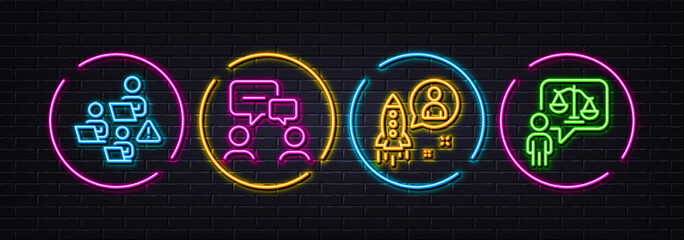 People chatting, Startup and Teamwork minimal line icons. Neon laser 3d lights. Lawyer icons. For web, application, printing. Conference, Developer, Remote work. Court judge. Vector