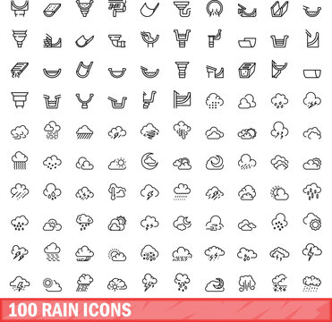 100 rain icons set. Outline illustration of 100 rain icons vector set isolated on white background