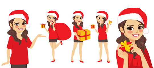 Vector illustration set of beautiful happy girl wearing Santa Claus hat on different poses. Woman making diverse gestures holding wrapped Christmas presents