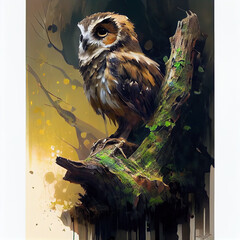 Adorable owl on a tree trunk. Jungle background