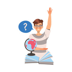 Male Student Character in Glasses Learning Raising Hand from Open Book at Geography Lesson Vector Illustration