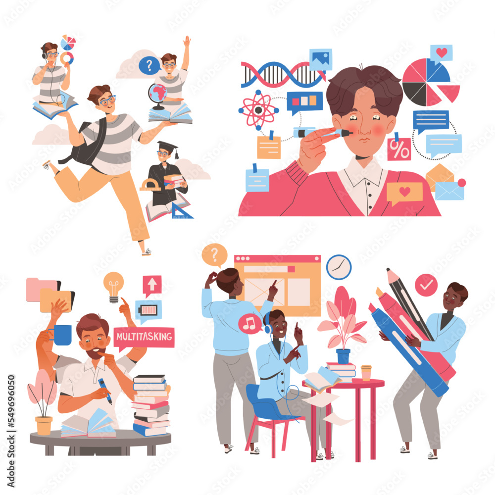 Poster people student characters learning multitasking switching between different activities vector set