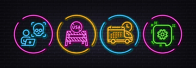 Usa close borders, Delivery and Cyber attack minimal line icons. Neon laser 3d lights. Cogwheel icons. For web, application, printing. Coronavirus restrictions, Cargo schedule, Ransomware risk. Vector