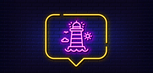 Neon light speech bubble. Lighthouse line icon. Beacon tower sign. Searchlight building symbol. Neon light background. Lighthouse glow line. Brick wall banner. Vector