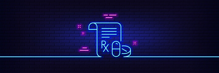 Neon light glow effect. Medical prescription line icon. Medicine pills sign. Pharmacy medication symbol. 3d line neon glow icon. Brick wall banner. Medical prescription outline. Vector
