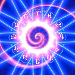 Magic circle with zodiacs sign on abstrac blue background.