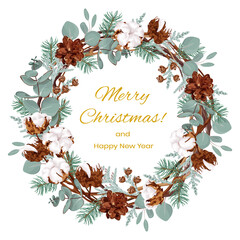 Christmas wreath made of vines, with cotton flowers, eucalyptus, fir branches and cones, thuja. Stock vector illustration isolated on white background.