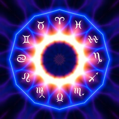 Magic circle with zodiacs sign on abstract black background.