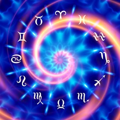 Magic circle with zodiacs sign on abstrac blue background.