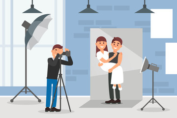 Man and Woman Couple at Photo Shoot or Photo Session Posing In front Of Camera Vector Illustration