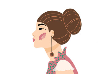 Profile of beautiful girl, earring in form of coffee bean. Portrait vintage hand drawn illustration. 