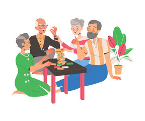 Group of Senior Friends Playing Jenga Board Game Gathered Together Having Fun on Weekend Vector Illustration