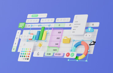 Spreadsheets graphs charts table data business financial report analysis screen software accounting management marketing document growth diagram planning calculate budget statistics. 3d rendering.