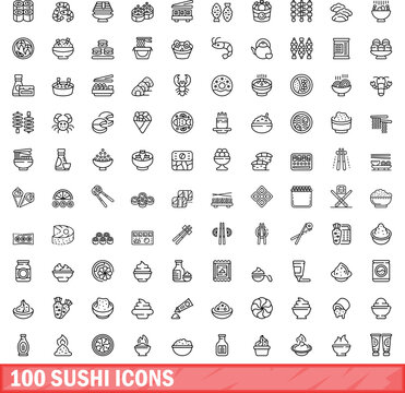 100 sushi icons set. Outline illustration of 100 sushi icons vector set isolated on white background