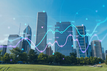 Chicago skyline, Butler Field towards financial district skyscrapers, day time, Illinois, USA. Parks and gardens. Forex graph hologram. The concept of internet trading, brokerage, fundamental analysis