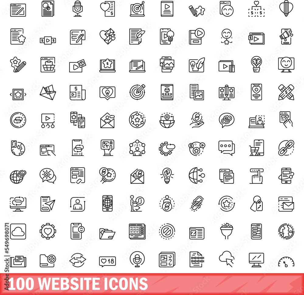 Poster 100 website icons set. outline illustration of 100 website icons vector set isolated on white backgr
