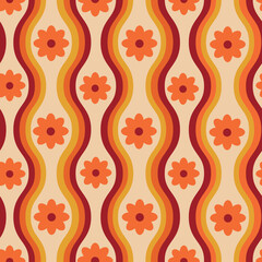 Retro 60s orange flowers on groovy oval waves seamless pattern on light cream background. For home décor, textile and wallpaper  