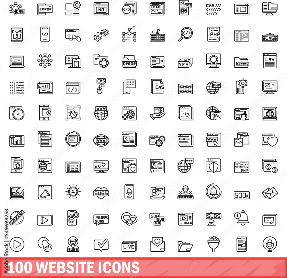 Poster 100 website icons set. outline illustration of 100 website icons vector set isolated on white backgr