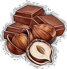 Hazelnuts with chocolate bars illustration drawing