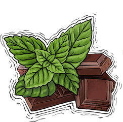 Mint leaves on chocolate bar illustration drawing