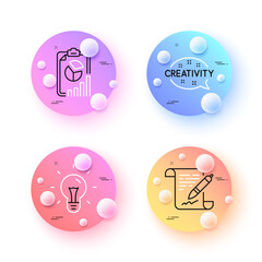 Idea, Report and Agreement document minimal line icons. 3d spheres or balls buttons. Creativity icons. For web, application, printing. Light bulb, Presentation chart, Legal contract. Vector