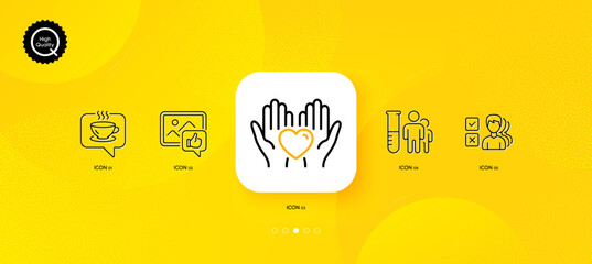 Fototapeta na wymiar Medical analyzes, Hold heart and Coffee minimal line icons. Yellow abstract background. Opinion, Like photo icons. For web, application, printing. Medicine results, Friendship, Cafe. Vector