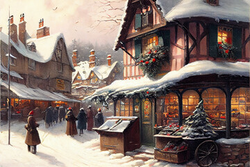 Naklejka premium Christmas market at night in an alpine village