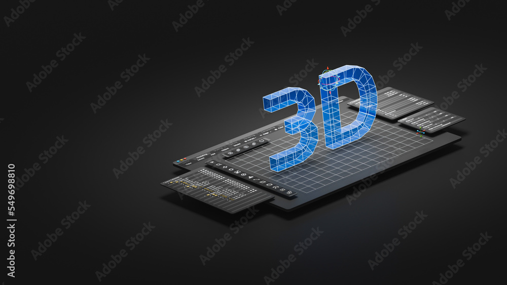 Poster Engineering designer design 3D CAD software program Industrial engine model mechanical dimensional digital manufacturing factory engineer computer screen. 3d rendering.