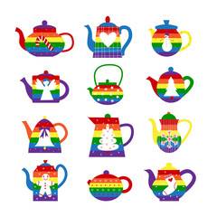 Gay lgbt christmas and new year teapots with rainbow flag and holiday symbols. Queer cozy winter concept. Flat vector illustration set.