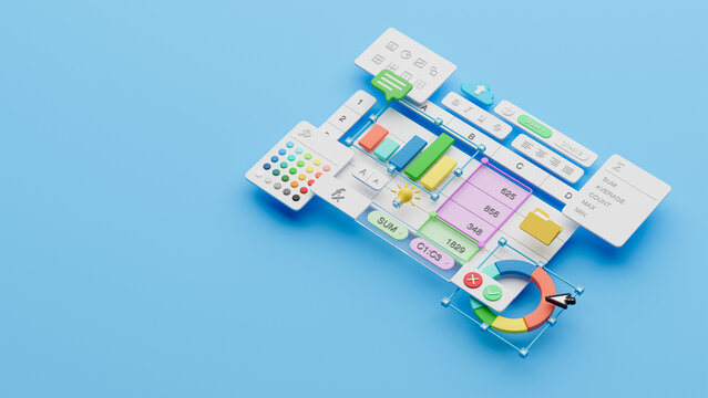 Spreadsheets graphs charts table data business financial report analysis screen software accounting management marketing document growth diagram planning calculate budget statistics. 3d rendering.