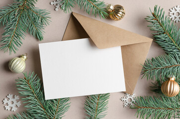 Fototapeta na wymiar Christmas or New Year greeting card mockup with envelope