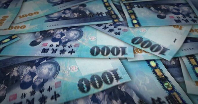 Taiwanese Dollar 1000 TWD banknote surface. Flying over Taiwan money note. 3D abstract concept of business, inflation, economy, finance, crisis and banking.