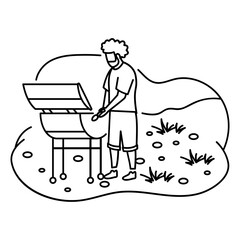 Man Cook Grill Meat On Bbq Concept, Preparing food at picnic point vector color icon design, Outdoor weekend Activity symbol, Tourist Holidays Scene Sign, Happy people at Vacation stock illustration