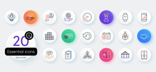 Simple set of Wholesale inventory, Fair trade and Smartwatch line icons. Include Clown, Refrigerator, Loan percent icons. Augmented reality, Carousels, Leaf web elements. Handout. Vector