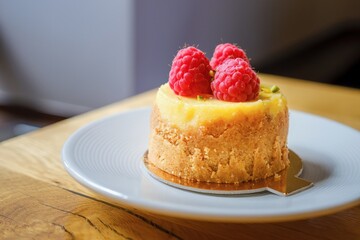 cheesecake with raspberries on a white plate. A piece of simple delicious raspberry cheesecake.