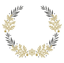 Christmas wreath of fir branches, leaves and snowflakes