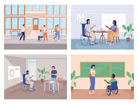 Inclusion Of Disabled Flat Color Vector Illustrations Set. Living Full Life After Injury. Medical Care. Fully Editable 2D Simple Cartoon Characters Pack With Interiors And City On Background