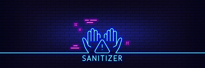 Neon light glow effect. Clean hands line icon. Sanitary cleaning sign. Washing hands symbol. 3d line neon glow icon. Brick wall banner. Clean hands outline. Vector