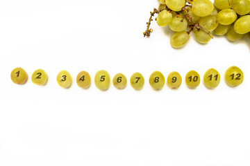 Grapes in a row with numbers, 12 lucky grapes for New Year's Eve, traditional