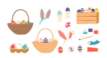 Set of Easter Items, Rabbit Ears Headband, Decorated Eggs, Paints, Paintbrush and Basket or Wooden Box with Colored Eggs