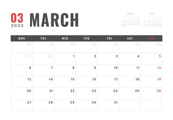 Monthly Calendar Template of march 2023. Vector simple gray grid layout for wall or desk calendar with week start on Monday for print