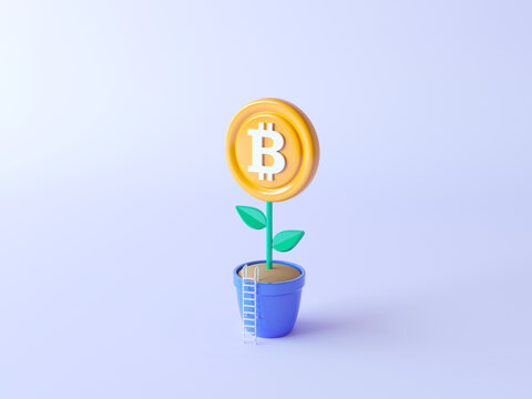Bitcoin golden coin (BTC) grow like a plant. Symbol 3d illustration. Creative Bitcoin Coin Logo BTC. Crypto Currency grow to the moon concept. Money tree - symbol of success, business, income.